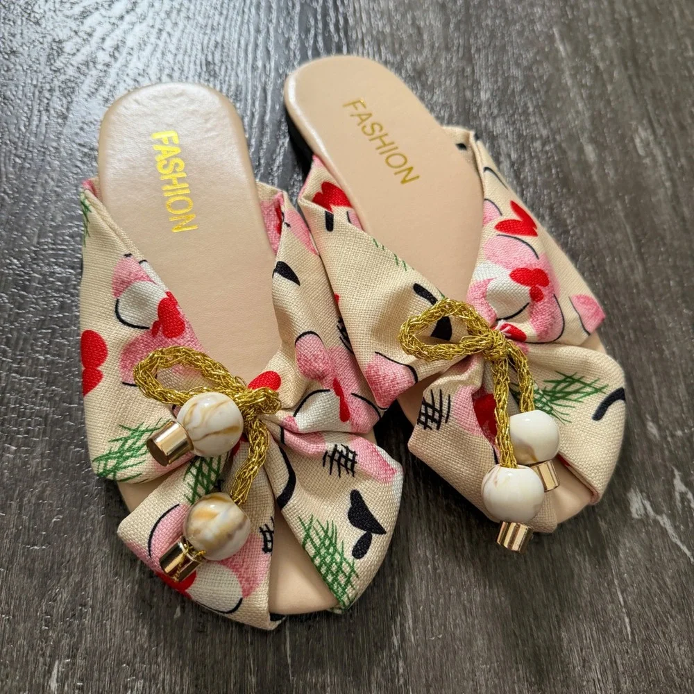 Fashion Women Floral Bow Slide Sandals Open Toe Flat Shoes‎ 36 EU / 5.5 US